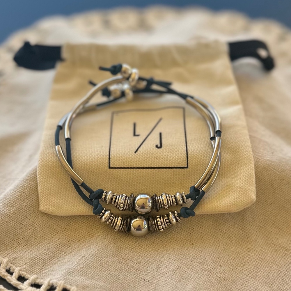 Lizzy James, Aurora Silver and Blue Leather Adjustable Dual Bracelets, BoHo